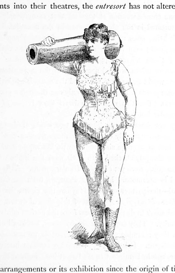 A drawing taken from a theater advertisement of a woman carrying a heavy cylindrical thing on her shoulder. 