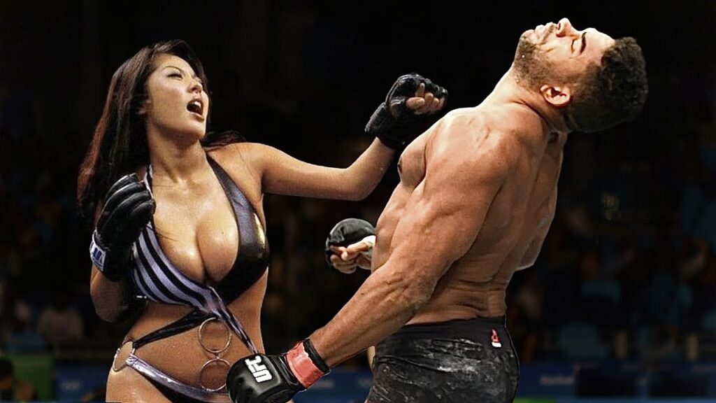 A girl punching a guy in what appears to be a fight in a match.