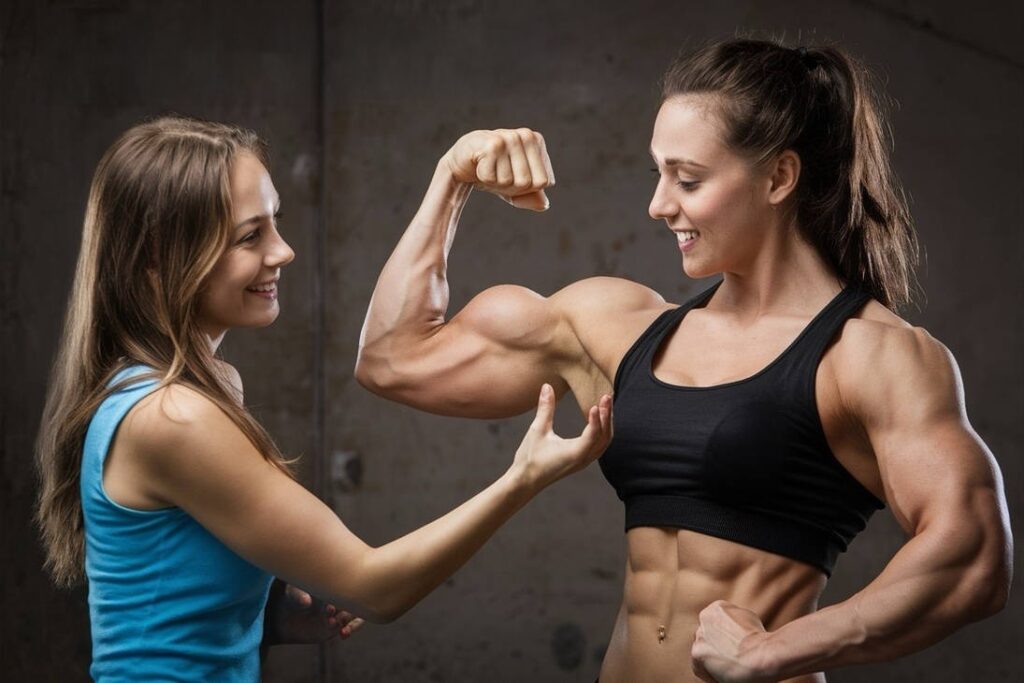 A girl feeling the flexed arm of another muscular girl.